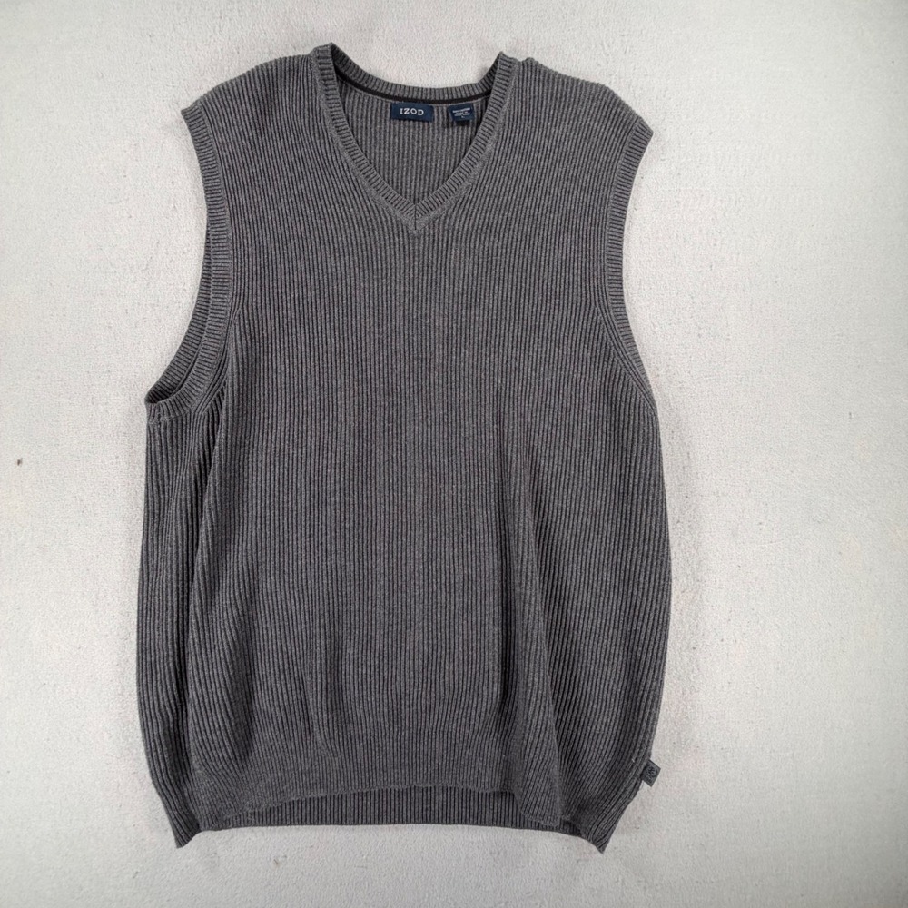 Izod Mens L Sweater Vest Charcoal Gray Ribbed Knit V-Neck Sleeveless Layering